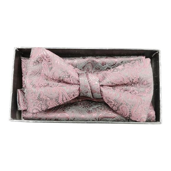 MEN'S LARR BRIO SIMPLY SOLID GARNETT PAISLEY BOW TIE & POCKET SQUARE SET. - Picture 3 of 3